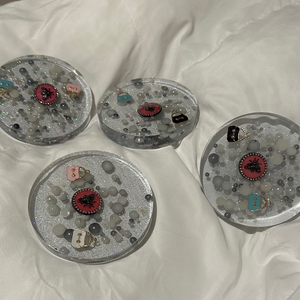 Set of Clear Resin Coasters with Pink Accent and Sparkle (4)